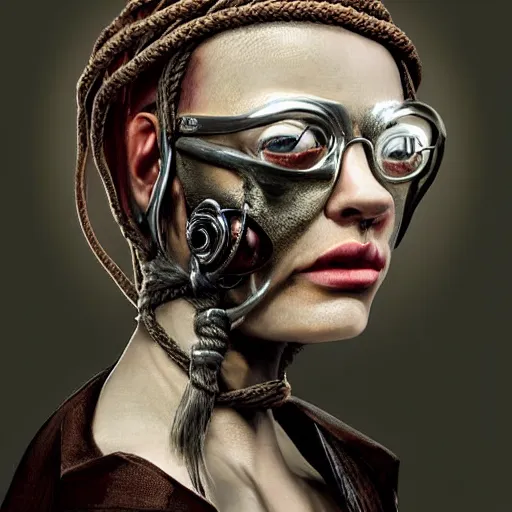 Prompt: portrait of a Shibari rope wrapped face and neck, headshot, insanely nice professional hair style, dramatic hair color, digital painting, of a old 15th century, young cyborg Rubber Nun, eye glasses, amber jewels, baroque, ornate clothing, scifi, realistic, hyperdetailed, chiaroscuro, concept art, art by Franz Hals and Jon Foster and Ayami Kojima and Amano and Karol Bak,