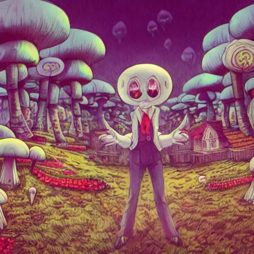Prompt: 4 k headshot portrait of a psychedelic demonic anthropomorphic bunny rabbit with mushroom themed clothes, magic mushroom village in background. award winning. superb resolution. in the art style of junji ito and greg rutkowski. detailed mushroom city in background. hyper realistic anime. perfect art. dalle 2