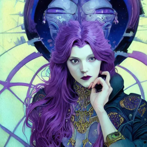 Image similar to vampire with purple hair in sci - fi power armor, highly detailed, very intricate, art nouveau, gold filigree, romantic storybook fantasy, soft cinematic lighting, award - winning, disney concept art watercolor illustration by mandy jurgens and alphonse mucha and alena aenami, pastel color palette, featured on artstation