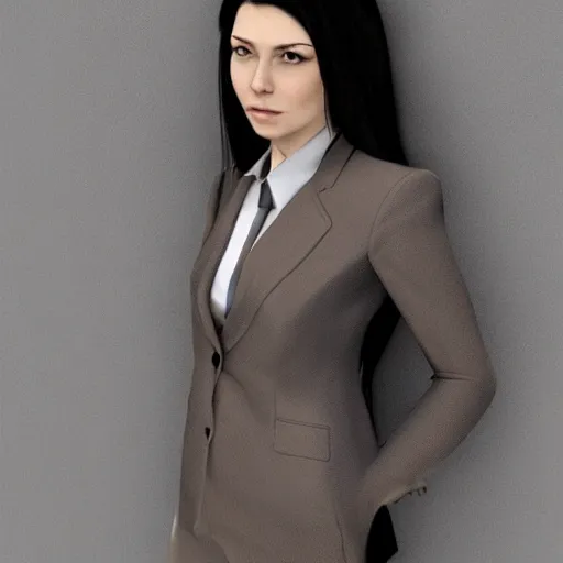 Image similar to woman in grey business suit, brown neat hair, pixiv, fanbox, trending on artstation, portrait, digital art, modern, sleek, highly detailed, formal, serious, determined, competent, colorized, smooth, charming, pretty, safe for work, thick
