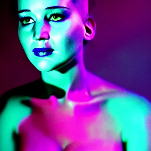 Image similar to excited jennifer lawrence as the bride of frankenstein, macro photography, glowing retinas, vaporwave, fuscia cyan yellow white powder on face, national geographic