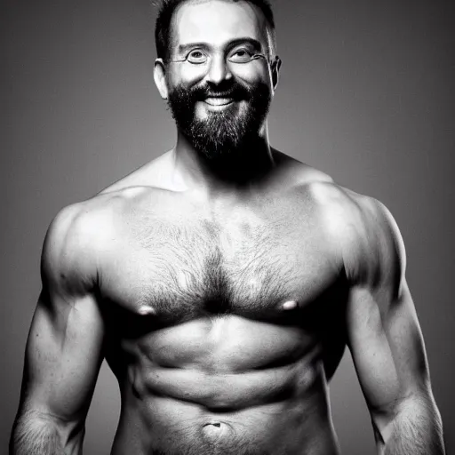 Image similar to grey - scale portrait of a man looking slightly left with a pronounced long square chin with thin face, has thick facial hair, very short black hair, manly face, widely grinning, body builder, large chest muscles, no shirt, dark lighting, dark grey background