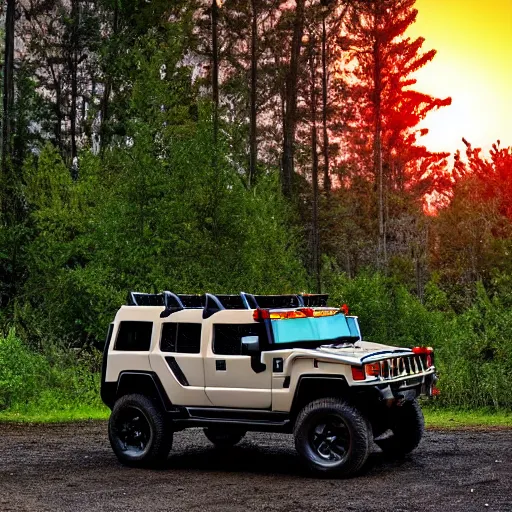 Image similar to a hummer parked in an old forest, at dusk