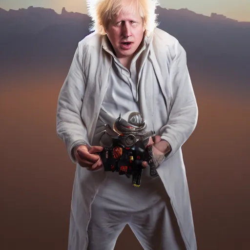 Prompt: (Boris) Johnson as Jar Jar Binks, volumetric lighting, hyperdetailed, in frame, f 1.4, desert landscape, dust storm