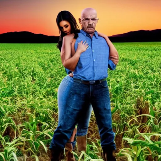 Image similar to walter white hugging kim kardashian, in a farm field, sunset