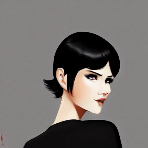 Image similar to slim girl in tuxedo with short black hair, elegant, 2d, ultra highly detailed, digital painting, smooth, sharp focus, artstation, portrait art by Ilya Kuvshinov