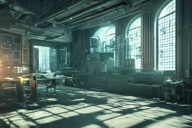 Image similar to cyberpunk workshop, liminal space, high detail, rendered in unreal engine, 3d render, god rays, volumetric lighting, mansion, interior, large windows, rich house