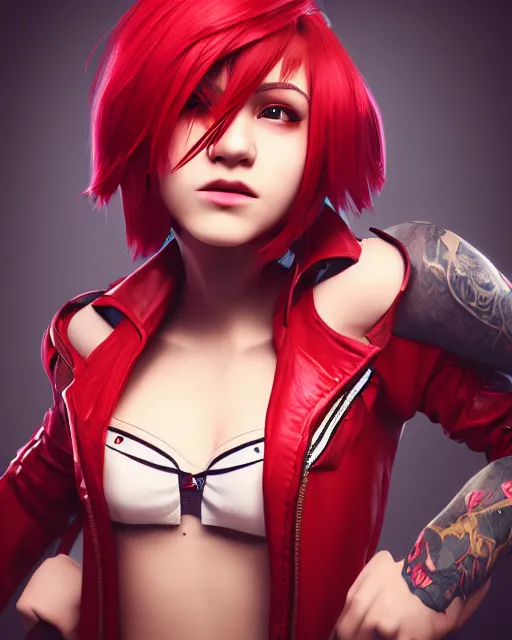 Image similar to a girl with short red hair, cool, vi from arcane, league of legends, fighter, cool red jacket, tattoo, beautiful, 3 d, potrait, art staion, studio light, closeup shot, octane render, wlop, realistic, neon