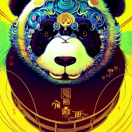 Image similar to a beautiful hyperdetailed character design 4 k wallpaper illustration of a cute panda with a chinese lion dance head victo ngai cyberpunk style, from china, style of studio ghibli, makoto shinkai, raphael lacoste, louis comfort tiffany, artgerm, james jean, ross tran, chinese style