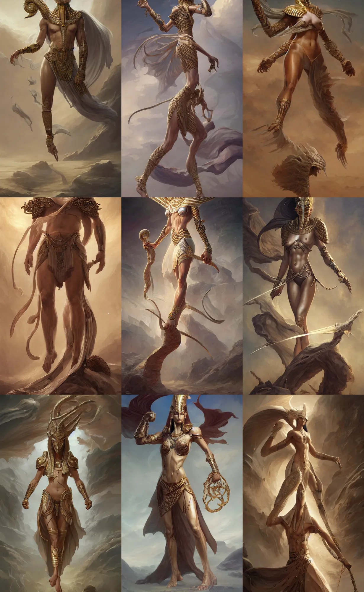 Prompt: ivory skin, wind egyptian god, full body shot, highly detailed, digital painting, artstation, concept art, sharp focus, illustration, orientalism, art by aleksi briclot and mohrbacher and raphael lacoste and magali villeneuve