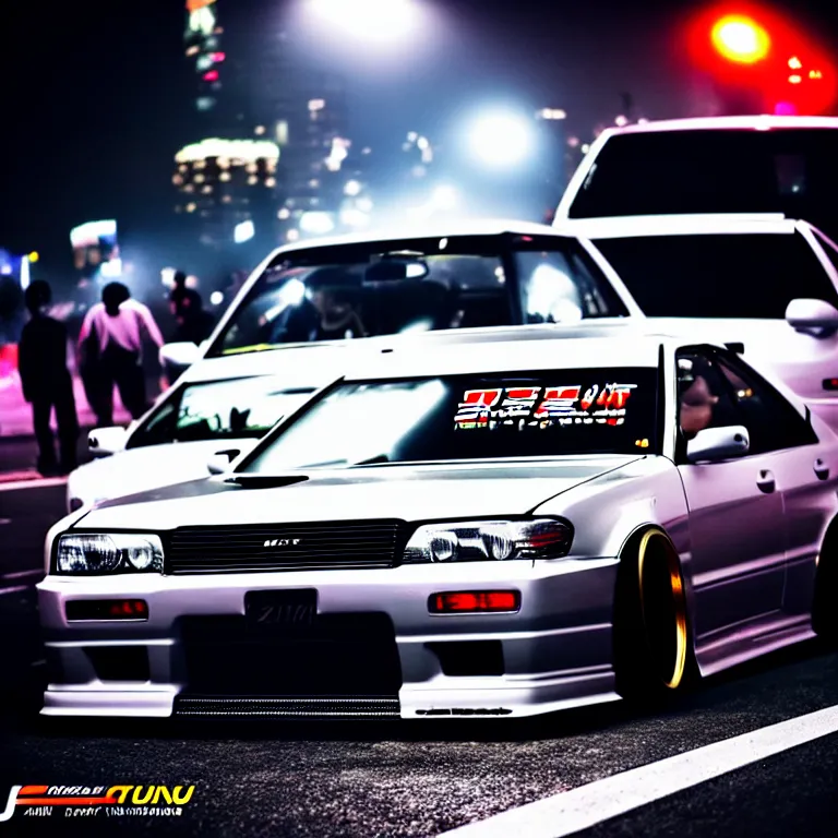 Image similar to a car JZX100 twin turbo drift at illegal car meet, Shibuya prefecture, city midnight mist lights, cinematic lighting, photorealistic, highly detailed wheels, high detail