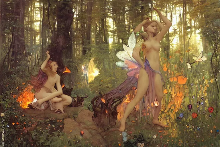 Image similar to dance of fairies around a fire in a forest at night, glowing, painting, muted colors, magical, by peter mohrbacher, by james gurney, by klimt, by alphonse mucha, by john william waterhouse
