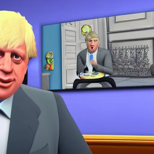 Image similar to a screenshot of boris johnson in the sims 4 3 d rendering. unreal engine. amazing likeness. very detailed. cartoon caricature