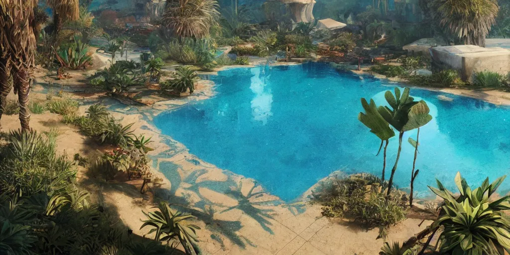 Prompt: a pool in a lush desert, greg rutkowski, zabrocki, karlkka, jayison devadas, trending on artstation, 8 k, ultra wide angle, zenith view, pincushion lens effect