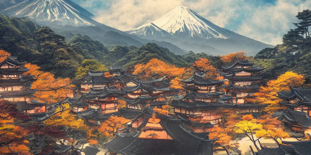 Prompt: a powerful japanese village high in mountains, volcano, concept art, fantastic landscape, 8 k