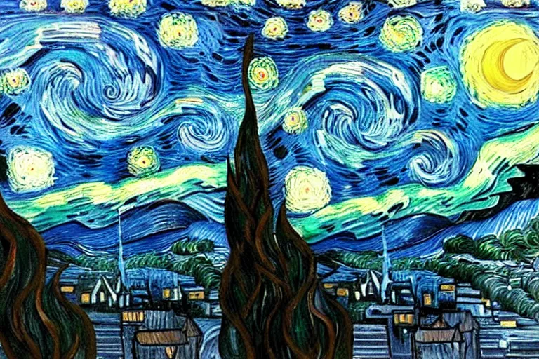 Image similar to man is seeing old god cthulhu terrifying the night sky of a city, epic scene oil painting hyper - detailed realistic dark van gogh style