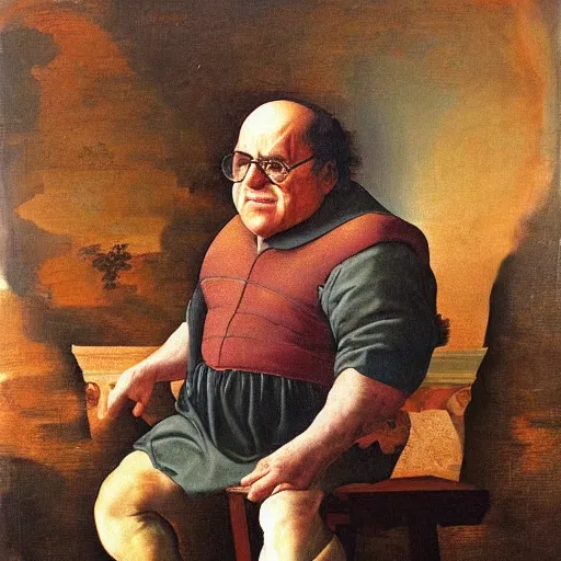 Image similar to renaissance painting of danny devito sitting on a stool, historical, artwork, oil painting, fresco painting, tempera painting