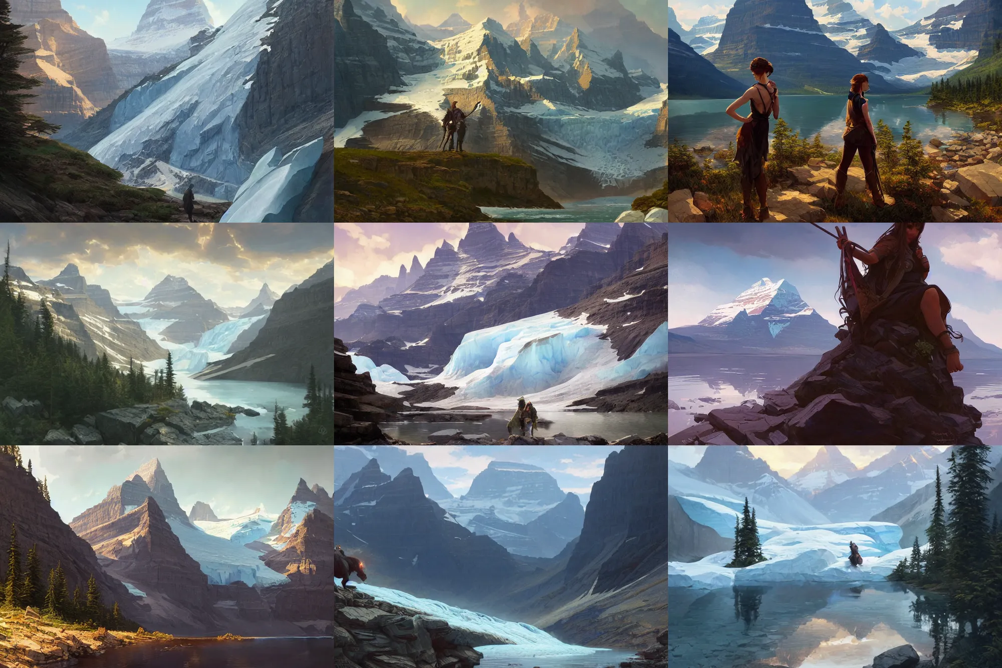 Prompt: glacier national park, landscape, highly detailed, digital painting, artstation, concept art, sharp focus, illustration, art by artgerm and greg rutkowski and alphonse mucha