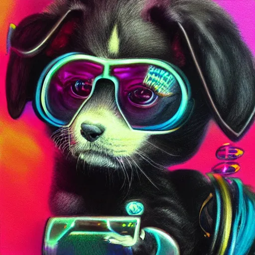 Image similar to Highly detailed pastel painting of a chibi puppy, detailed cyberpunk glitchcore synthwave art, trending on ArtStation