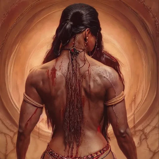 Prompt: painting of dark muscular oiled indian woman back, bloody, ultra realistic, concept art, intricate details, eerie, highly detailed, photorealistic, octane render, 8 k, unreal engine. art by artgerm and greg rutkowski and alphonse mucha