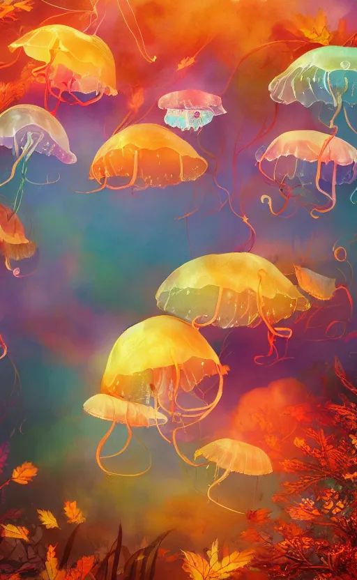 Prompt: jelly fish, autumn light, colorful, smoke, beautiful, by studio ghibli, digital art, concept art, sharp focus, illustration