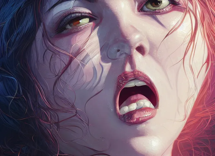 Image similar to wide open queen mouth, close - up, cry, defiant, full lips, light effect, hyper detailed, intricate, elegant, highly detailed, digital painting, artstation, concept art, matte, sharp focus, illustration, by dan mumford, yusuke murata, makoto shinkai, ross tran