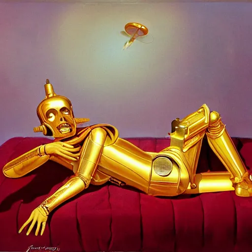 Image similar to a saucy reclining half human c3po by Gil Elvgren