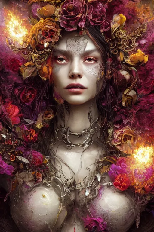 Image similar to face closeup of extremely beautiful girl necromancer, witch - doctor exploding into flowers, face covered with velvet and organic ornaments, angels, 3 d render, hyper - realistic detailed portrait, holding fire and electricity, leaves and magic, ruan jia, wlop. scifi, fantasy, magic the gathering, hyper detailed, octane render, concept art, peter mohrbacher