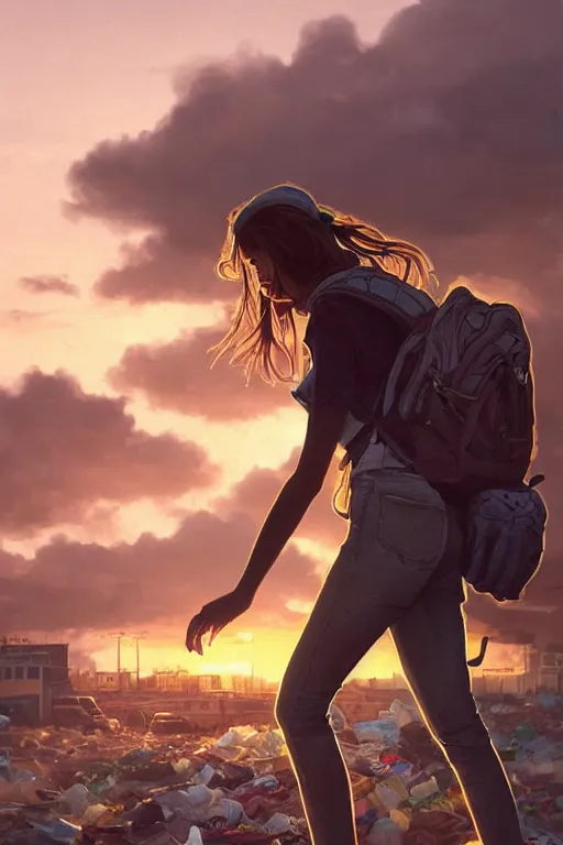 Prompt: poor detailed girl with backpack standing at cars looking for food at garbage dump, destroyed cars, city is pure wasteland, moody sunset in background, high details, sharp, photorealism, cinematic, greg rutkowski, alphonse mucha, trending on artstation, artgerm, unreal engine, breathtaking, award winning, highly detailed