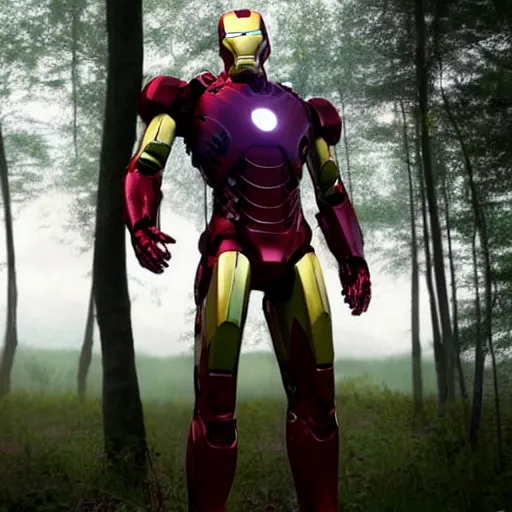 Image similar to rusty abandoned iron man suit in the middle of the forest, 4k realistic photo