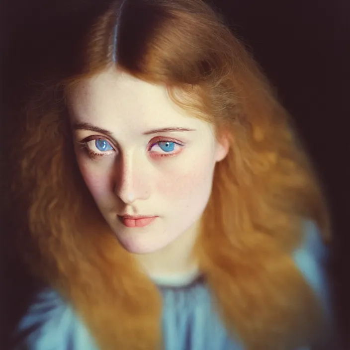 Prompt: Kodak Portra 400, 8K, soft light, volumetric lighting, highly detailed, britt marling style 3/4, view from above of close-up portrait photo of a beautiful woman, pre-Raphaelites painter, Huge blue eyes, with velvety brown lashes. girlish woman who looks extremely fragile and sickly, like a neurasthenic Victorian maiden. Hair is light brown in long curls; skin is pale. Pretty in a frivolous, invalid way. Gives the impression of being slight. , Realistic, Refined, Highly Detailed, natural outdoor soft pastel lighting colors scheme, outdoor fine art photography, Hyper realistic, photo realistic,warm lighting,