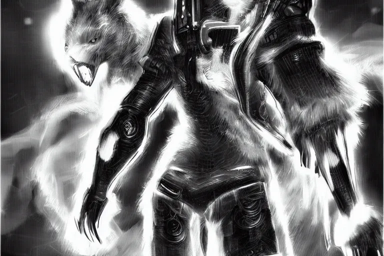 Image similar to a cyberpunk anthropomorphic wolf with a fluffy tail, comic art, trending on furaffinity, cartoon, kawaii, backlighting, furry art!!!, black and white, concept art