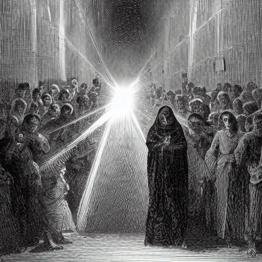 Prompt: black and white, young french woman illuminated by a beam of light in the church, crowd of people, Gustave Dore lithography