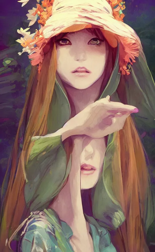 Prompt: girl portrait, official media,a smooth cinematic beautiful closeup moment of lovers saying goodbye wearing boho poncho and sunhat with hyacinths, full body portrait and simple form, brutal shapes, shaman, pixiv, 1990s fashion, official anime media, cinematic lighting, artstation consept artwork by doja cat, charlie bowater, waterhouse, ,greg rutkowski, wong kar wai