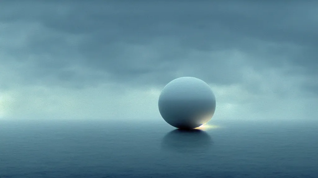 Image similar to a spherical white spaceship hovers over Earth's oceans near the Cliffs of Dover at Dusk, film still from the movie directed by Denis Villeneuve with art direction by Zdzisław Beksiński, wide lens