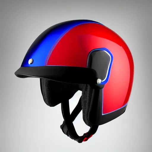 Prompt: full head moto helmet, reflective front, red and blue, concept, center, photo