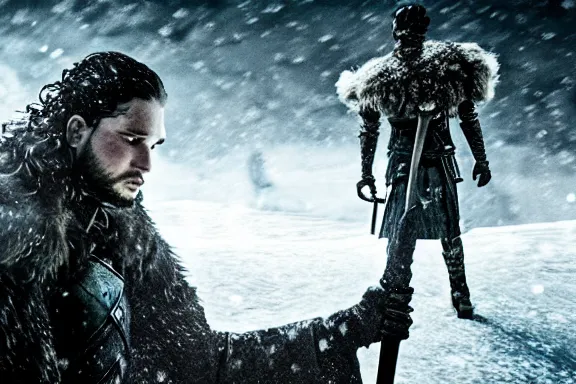 Prompt: very very intricate photorealistic photo of jon snow defeating the night king, photo is in focus with detailed atmospheric lighting, award - winning details