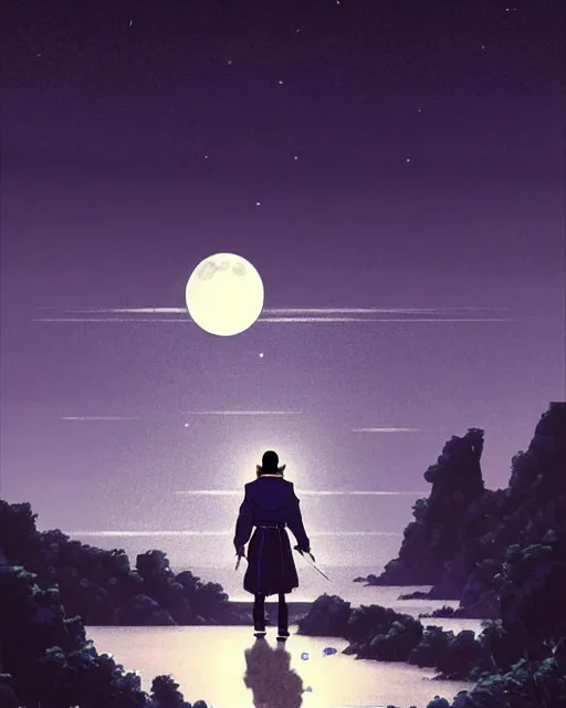 Prompt: a lonely poet ( li bai ) walks by the wide coast, night scene with moonlight on him, eva comic style, fine details. night setting. very anime style. realistic shaded lighting poster by ilya kuvshinov katsuhiro, magali villeneuve, artgerm, jeremy lipkin and michael garmash, rob rey and kentaro miura style, trending on art station