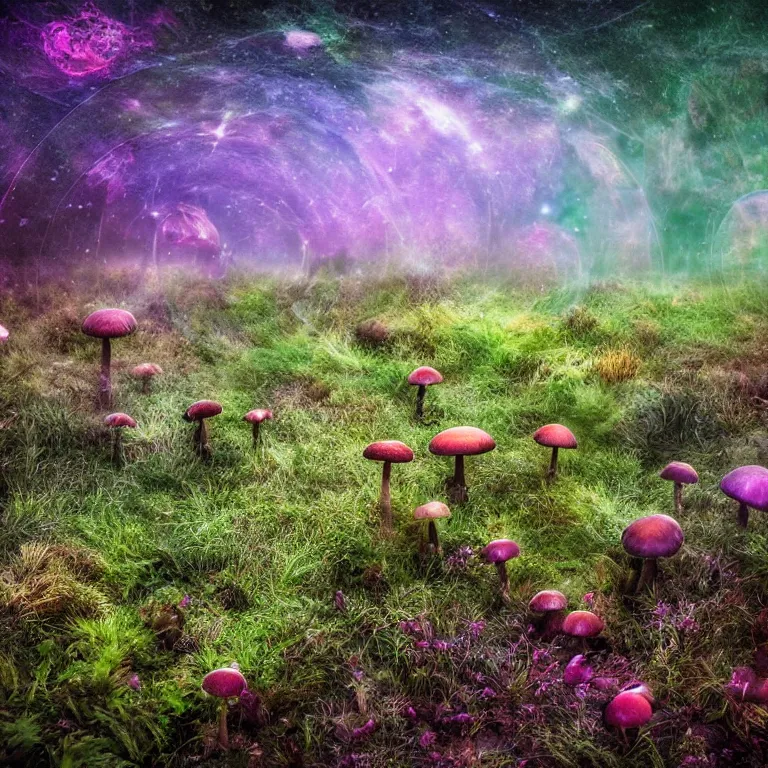 Image similar to a planet of various fungus, mushrooms, flowers and plants, inside the picture is infinity, Atmospheric, artistic photography, conceptual, long exposure outside the city, volumetric light