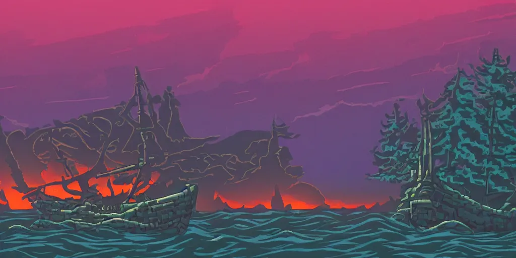 Prompt: epic ship view of a long shoreline on the edge of a dark forest and hills with evil eyes glowing between trees, drowned medieval woman shipwrecked on the shore, far in the distance is a vertical beam of light, dramatic dark glowing golden neon sunset, isometric game pixelart