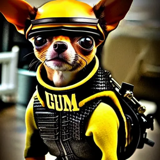 Prompt: a realistic photo of a chihuahua dressed like judge dredd