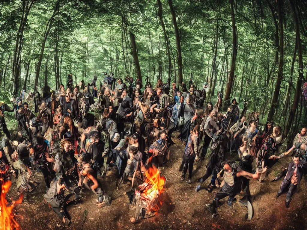 Prompt: a photo of a mystical cyberpunk tribe gathering and dancing at a magical location in the forest lit by fire extreme wide angle