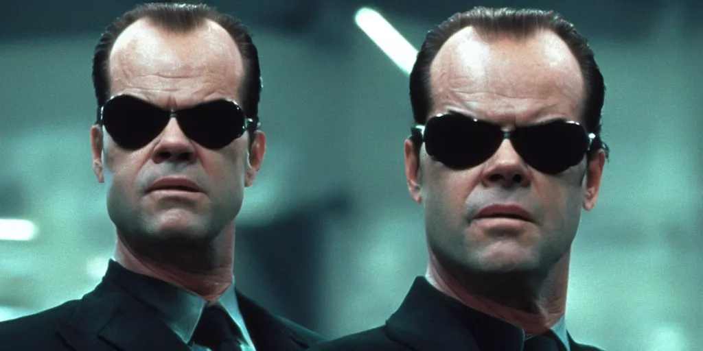 Image similar to Jack Nicholson as Agent Smith on the matrix, 1999, cinematic composition, cinemascope,