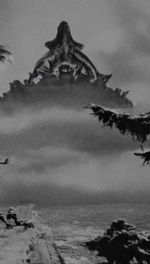 Image similar to a filmstill of a north korean monster movie, kaiju - eiga monster with starfish - arms trampling a traditional korean palace, foggy, film noir, epic battle, etheral, explosions, communist propaganda, communist epic thriller produced by kim jong - il, cinematography by akira kurosawa and tim burton, video compression