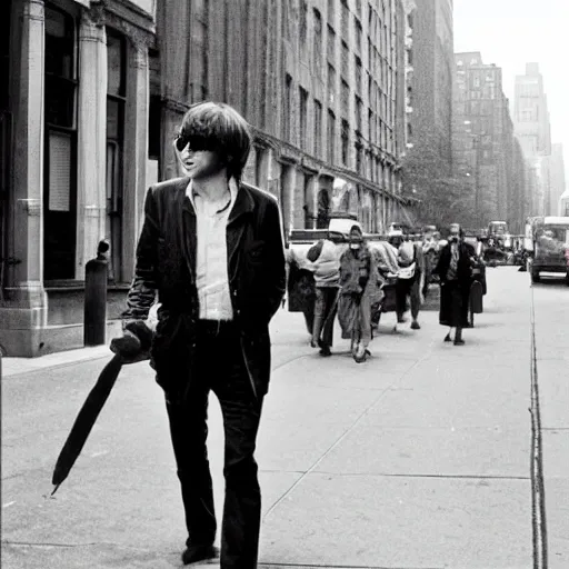 Image similar to John Lennon walking down a street in new York, hyper realistic, HD, HQ, photo realistic