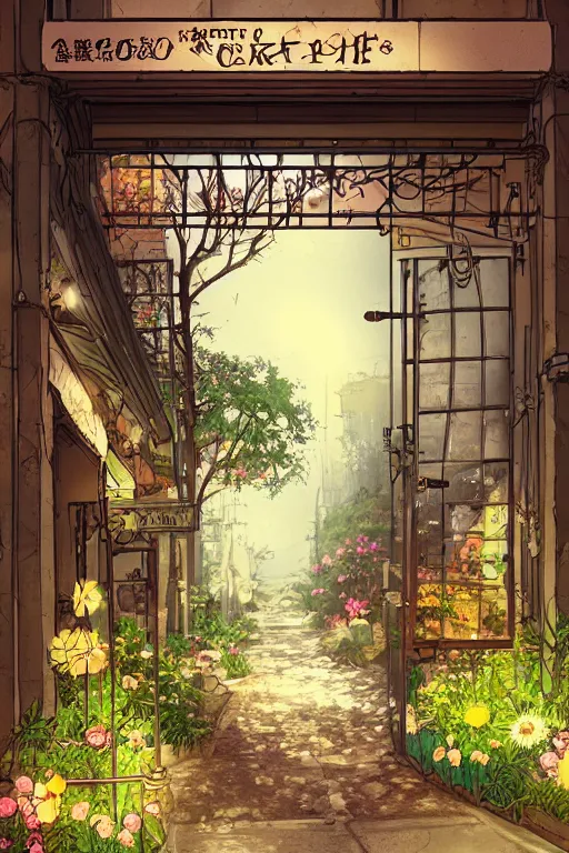 Image similar to a little flower shop's front gate, refreshing, digital illustration, pixiv, dramatic lighting