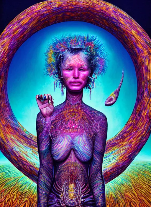 Image similar to portrait ultra dimensional cult girl shaman, accidentally tripping on dmt salvia, psychedelic experience, overwhelming psychosis of self realization and burning awakening, ultra high definition, unreal engine 5, hyperrealism, masterpiece composition, by peter kemp, casey weldon, barclay shaw