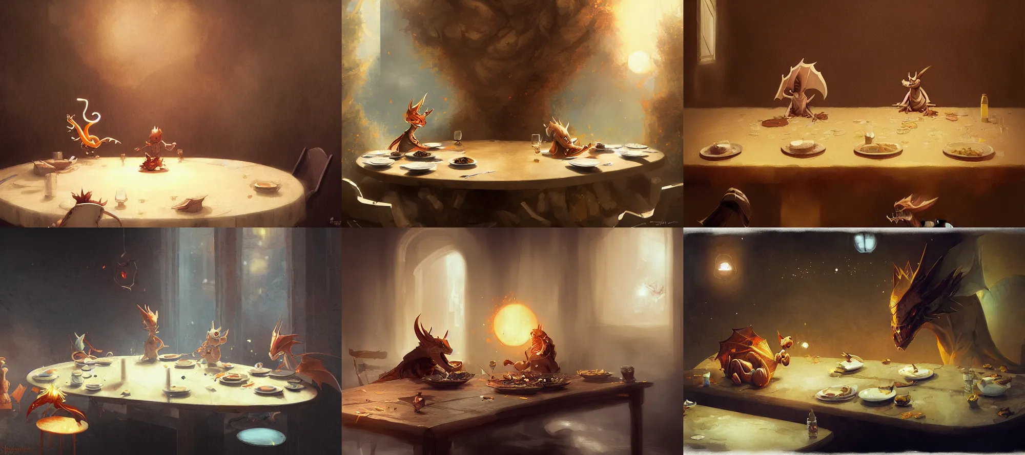 Prompt: dragonite eating dinner at a table happiness is temporary by greg rutkowski