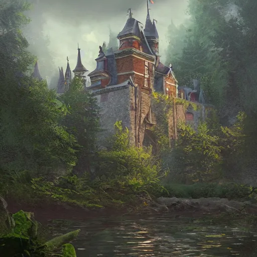 Image similar to a painting of a castle in the middle of a forest, a detailed matte painting by senior environment artist, cgsociety, gothic art, matte painting, rendered in unreal engine, artstation hq