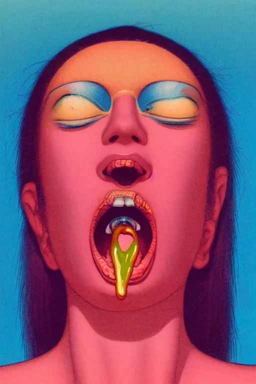 Prompt: a colorful vibrant closeup portrait of a simple godess licking a tab of LSD acid on his tongue and dreaming psychedelic hallucinations, by kawase hasui, moebius, Edward Hopper and James Gilleard, Zdzislaw Beksinski, Steven Outram colorful flat surreal design, hd, 8k, artstation